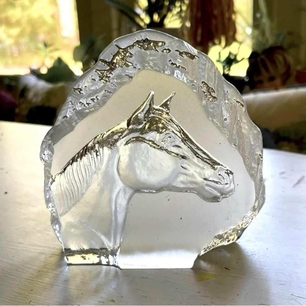 Signed Nybro Crystal of Sweden Horse Head Sculpture - Hand Made Reverse image - Picture 1 of 11